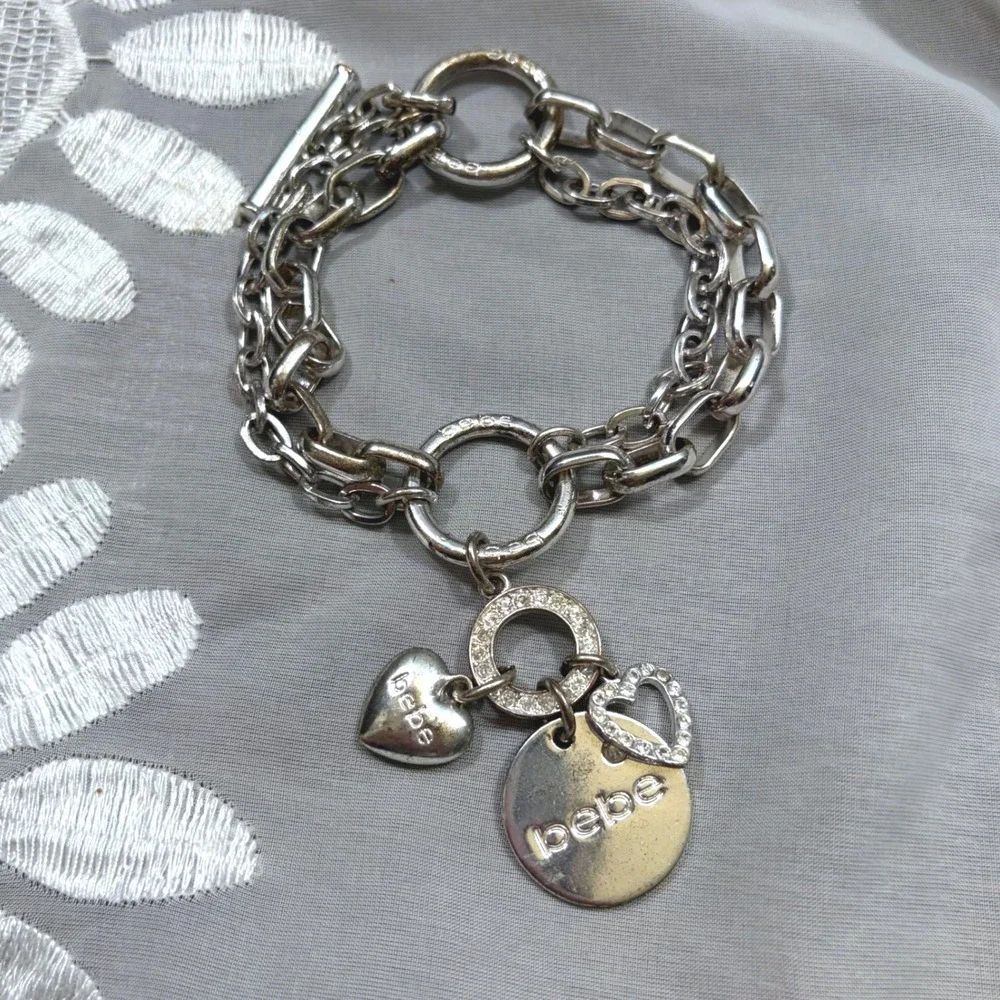 Y2K Mcbling Bebe Silver Tone Double Chain Charm Bracelet Heart Logo Rhinestone